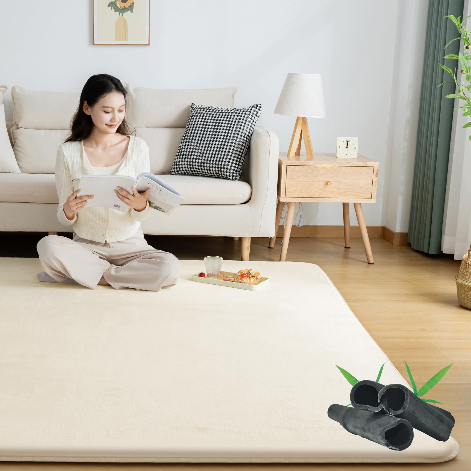 Softime カーペット ラグ 厚25 mm ラグマット防音 厚手 竹炭消臭 約3畳 絨毯 滑り止め付 防ダニ 抗菌 防臭 地毯 高反発 オールシーズン快適 床暖房 ホットカーペット対応 こたつ敷きマット じゅうたん 低反発と同じ厚