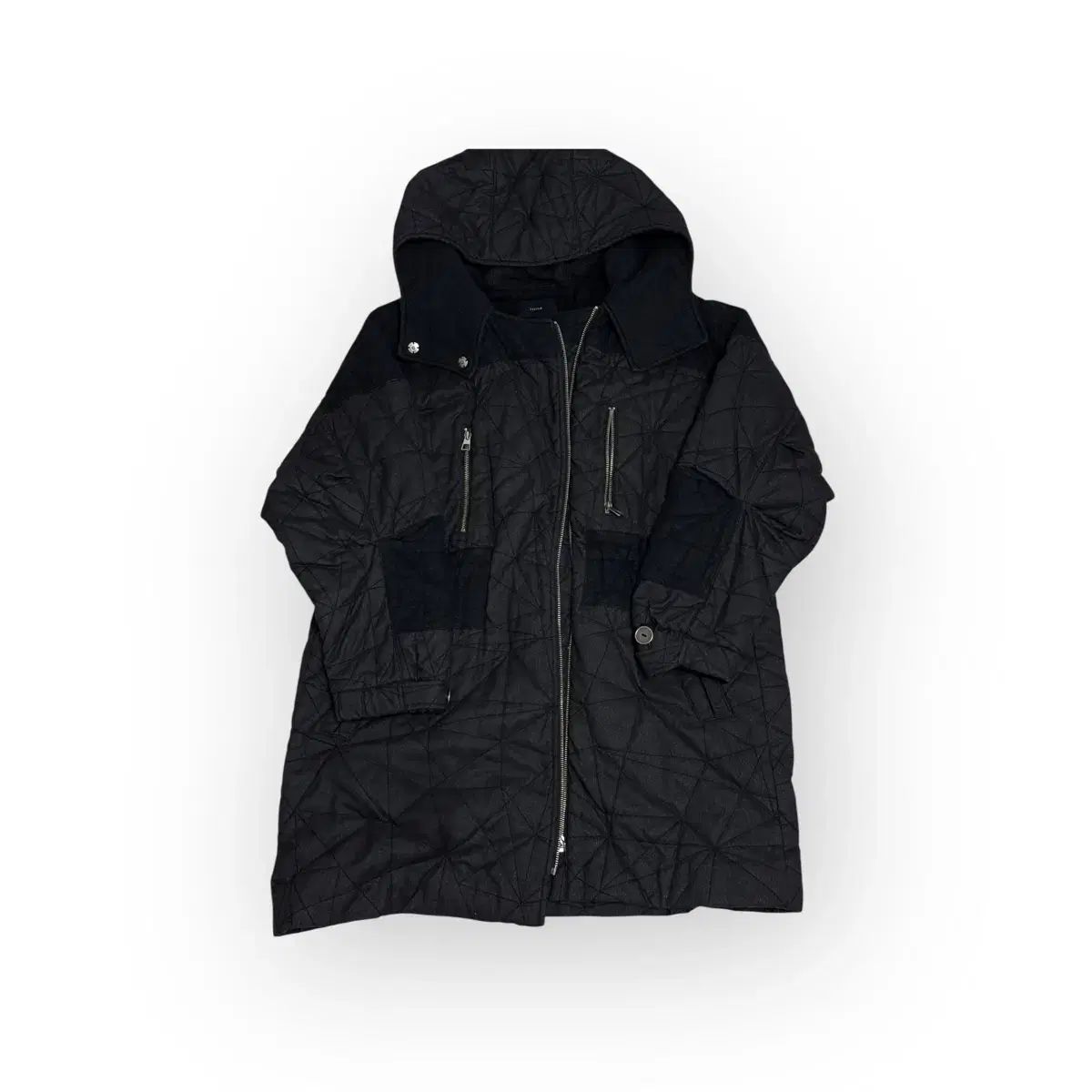 システム ブラック キルティング フード ロング コート 84
