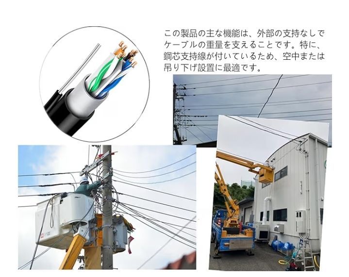 CAT 6 支持線付 UTP 屋外用 LAN ケーブル ２重被覆 架空配線 自作用 屋外対応 防水 アウトドア 難燃性 耐候性 高耐久 PoE対応 30 M