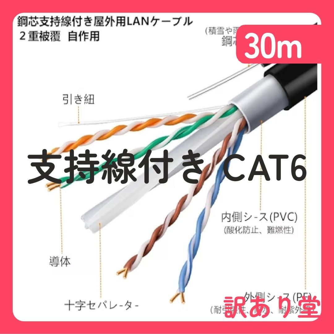 CAT 6 支持線付 UTP 屋外用 LAN ケーブル ２重被覆 架空配線 自作用 屋外対応 防水 アウトドア 難燃性 耐候性 高耐久 PoE対応 30 M