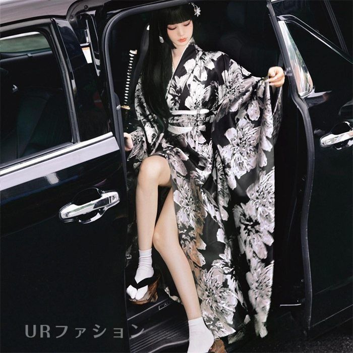 浴衣 和服 レディース 黒 ゆかた 女性 ワンピース セット 花柄 大人 タイプ 花火大会 作り帯大人 着物 mlxuf