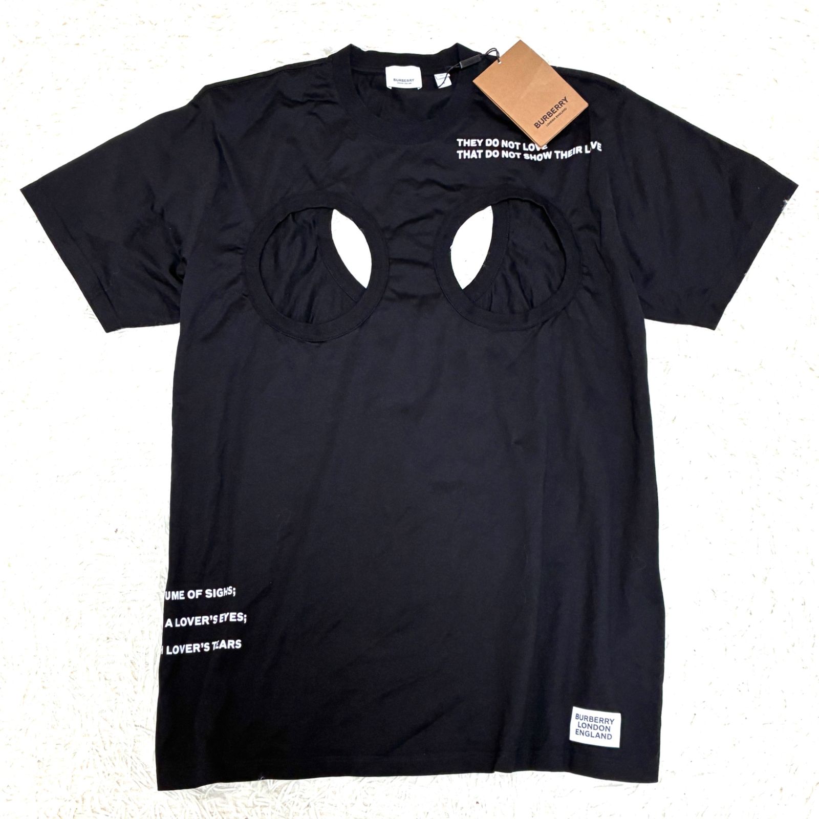 ♥タグ付き デザイン BURBERRY バーバリー Tシャツ ホール ロゴプリント Lサイズ相当 ブラック コットン メンズ トップス