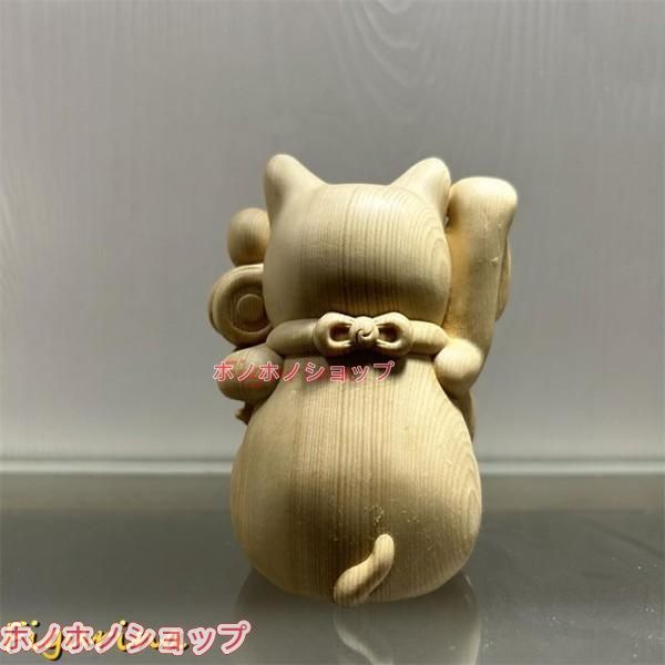 木彫り仏像七福神招き猫桧木一本彫 高さ10cm 置物 招福置物・縁起物