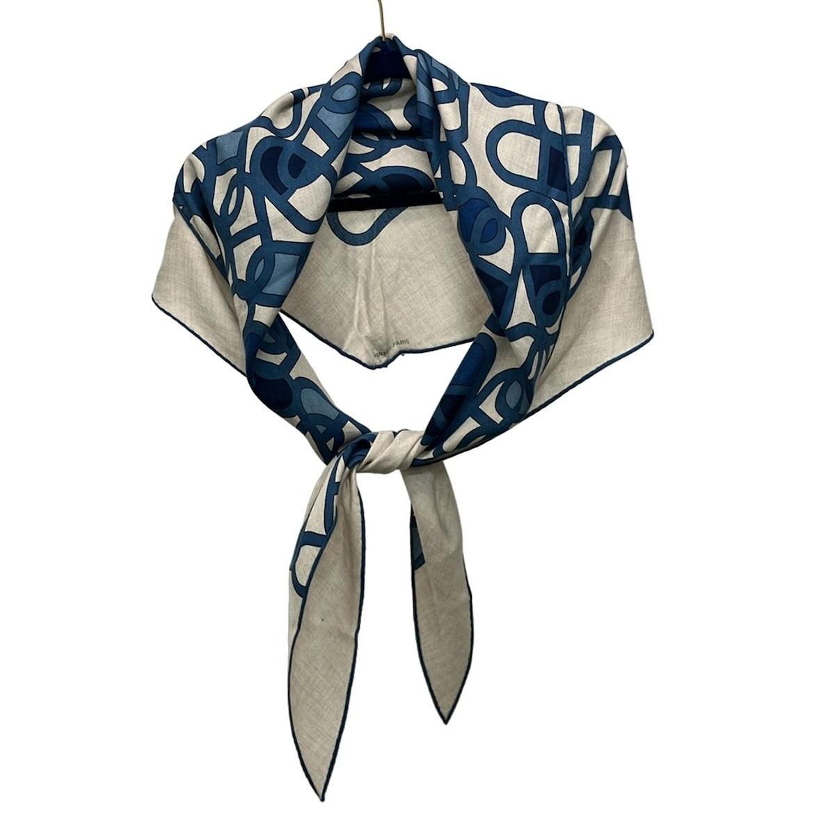 HERMES エルメス ストール ショール ロサンジュ グレーベージュ×ネイビー×マルチ シェーヌダンクル柄|ひし形 カシミヤ シルク