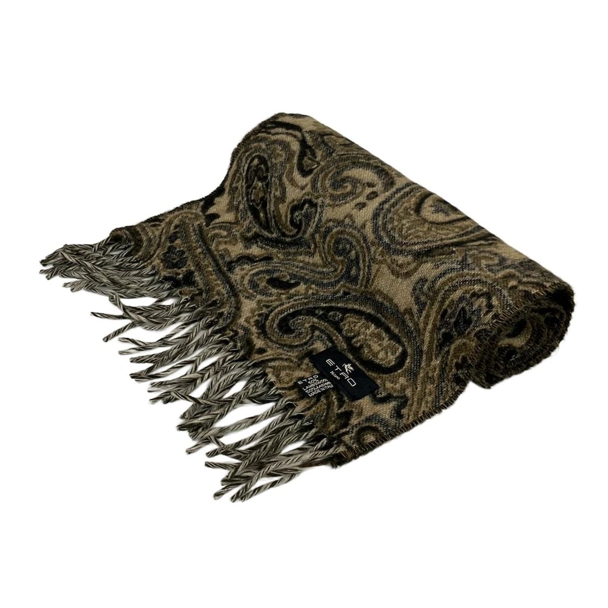 ETRO エトロ マフラー - 黒×カーキ×アイボリー ペイズリー柄 ウール カシミヤ