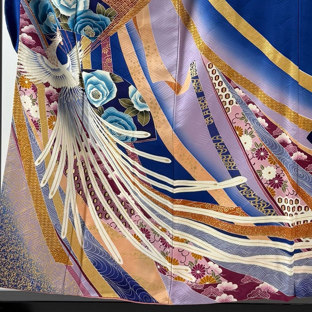 振袖 身丈154 cm 裄丈64 M 袷 鳳凰 扇 刺繍 金彩 青 正絹 秀品