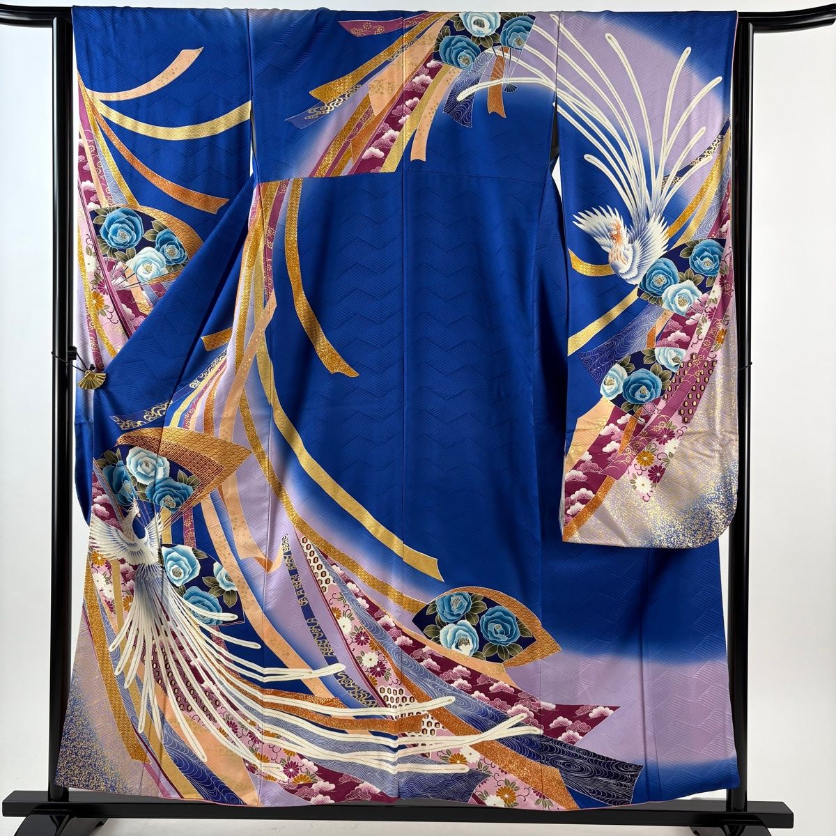 振袖 身丈154 cm 裄丈64 M 袷 鳳凰 扇 刺繍 金彩 青 正絹 秀品