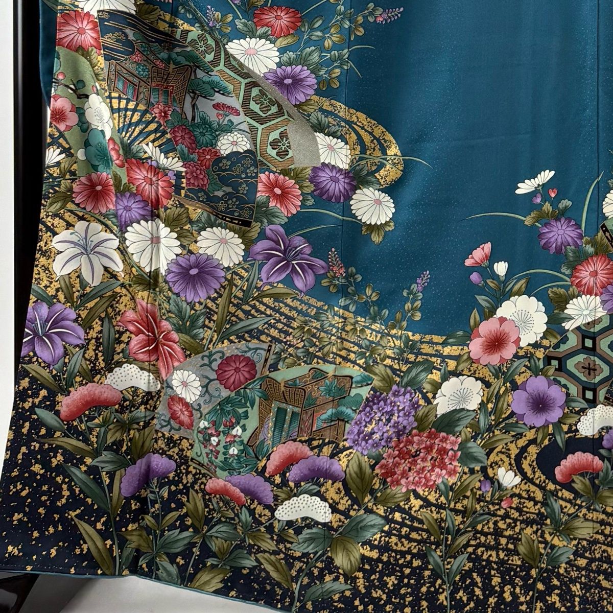 振袖 身丈166 cm 裄丈66.5 M 袷 扇 草花 金彩 青緑 正絹 秀品