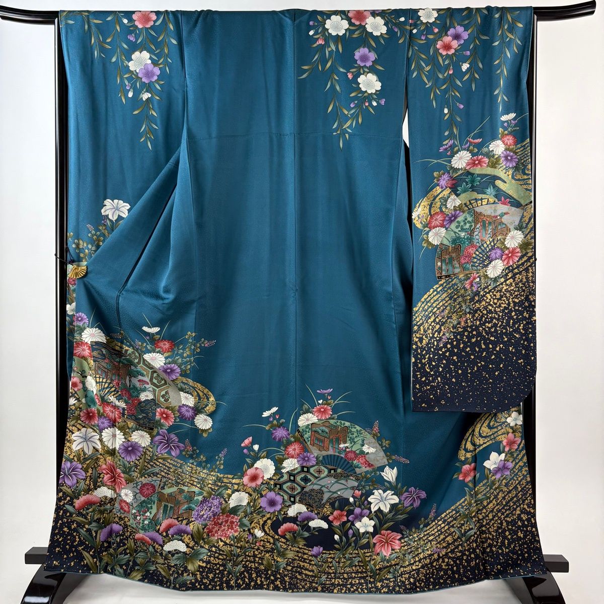 振袖 身丈166 cm 裄丈66.5 M 袷 扇 草花 金彩 青緑 正絹 秀品