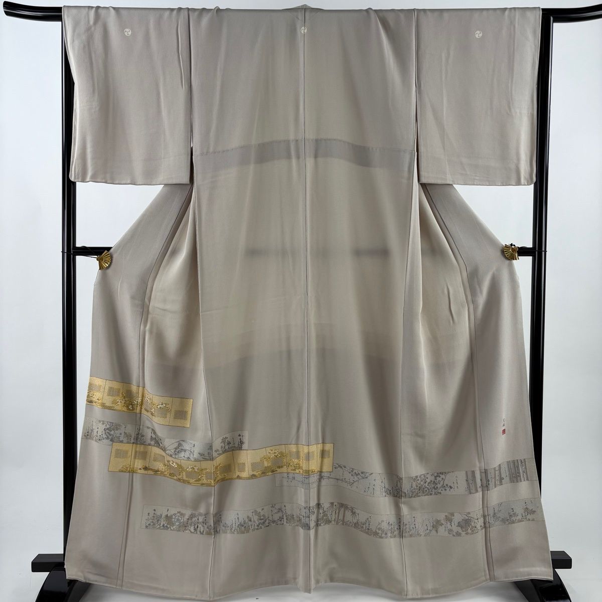 色留袖 身丈164cm 裄丈66cm M 袷 松尾光琳 落款 屏風 草花 金彩 灰茶