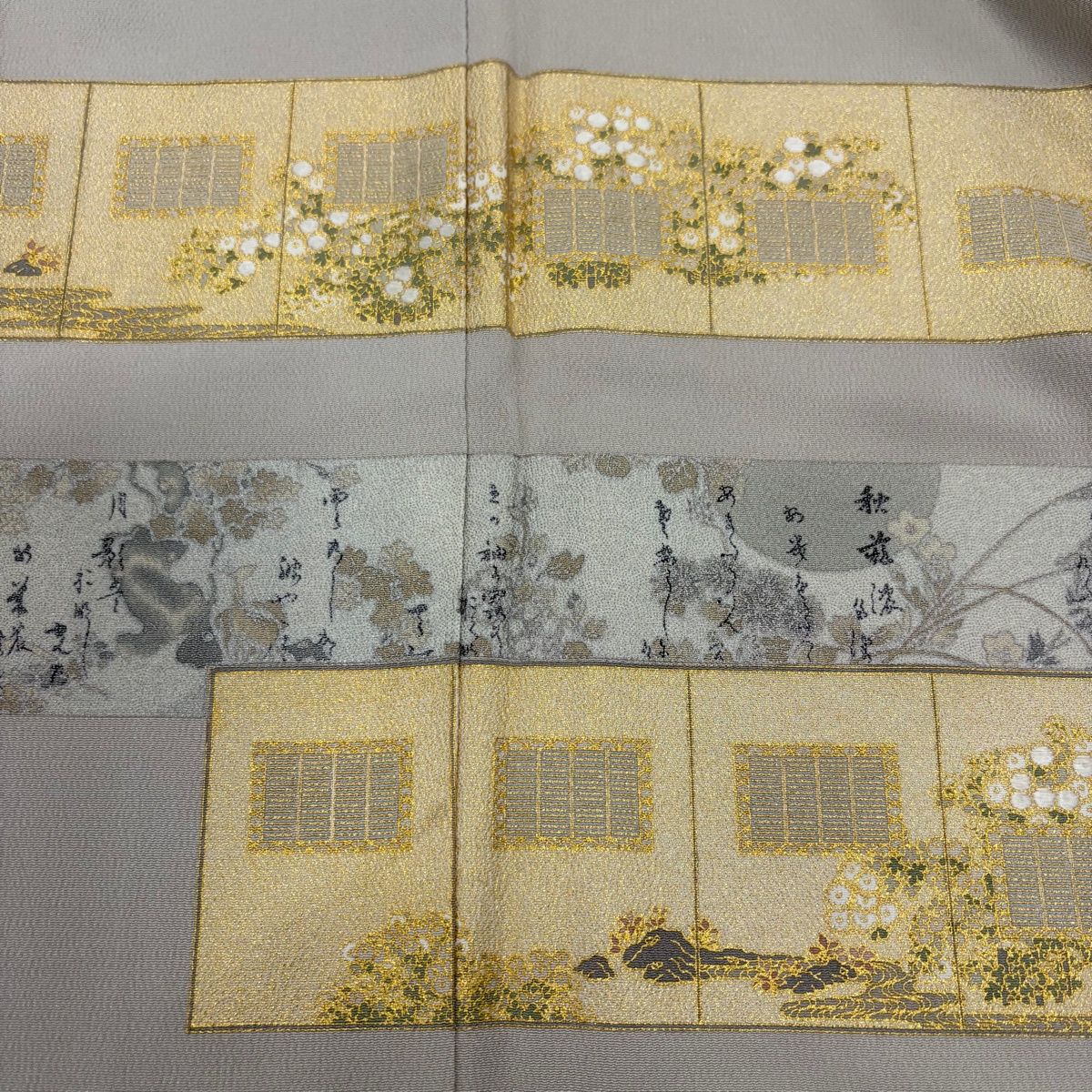 色留袖 身丈164cm 裄丈66cm M 袷 松尾光琳 落款 屏風 草花 金彩 灰茶
