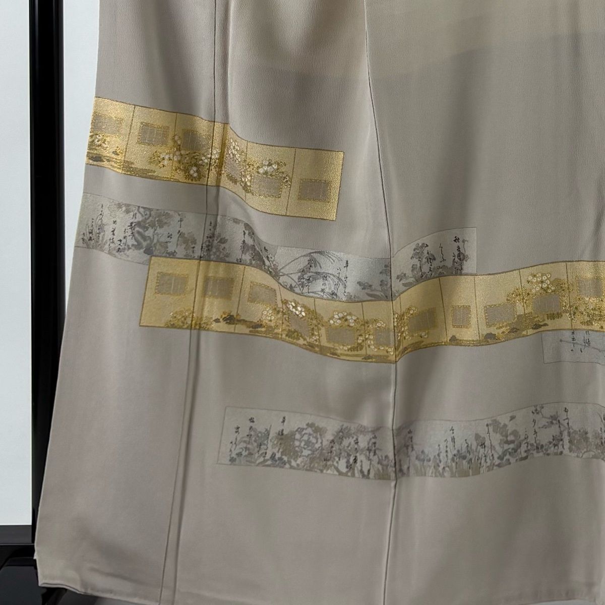 色留袖 身丈164cm 裄丈66cm M 袷 松尾光琳 落款 屏風 草花 金彩 灰茶