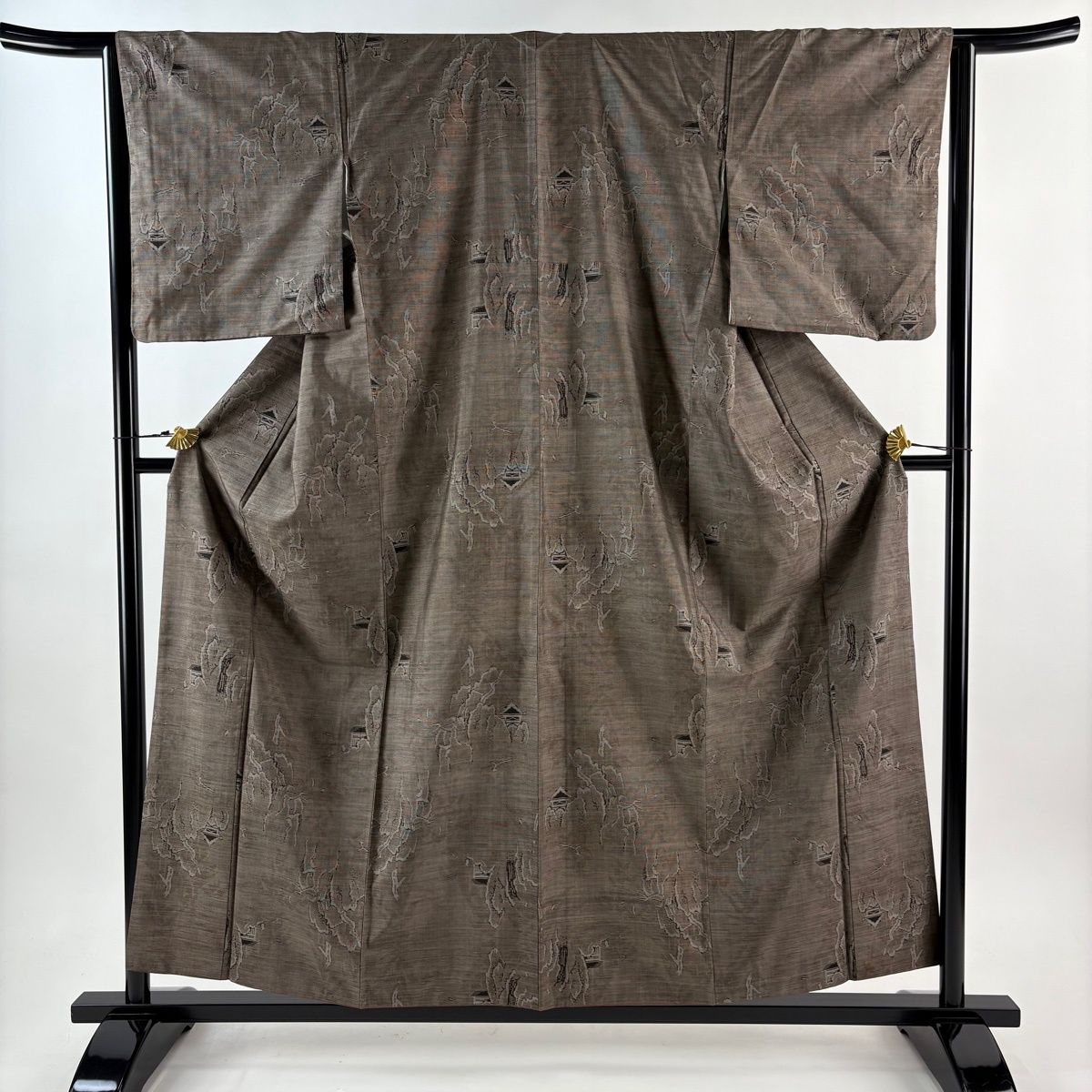 紬 身丈156.5 cm 裄丈64 M 袷 建物 樹木 焦茶色 正絹 秀品
