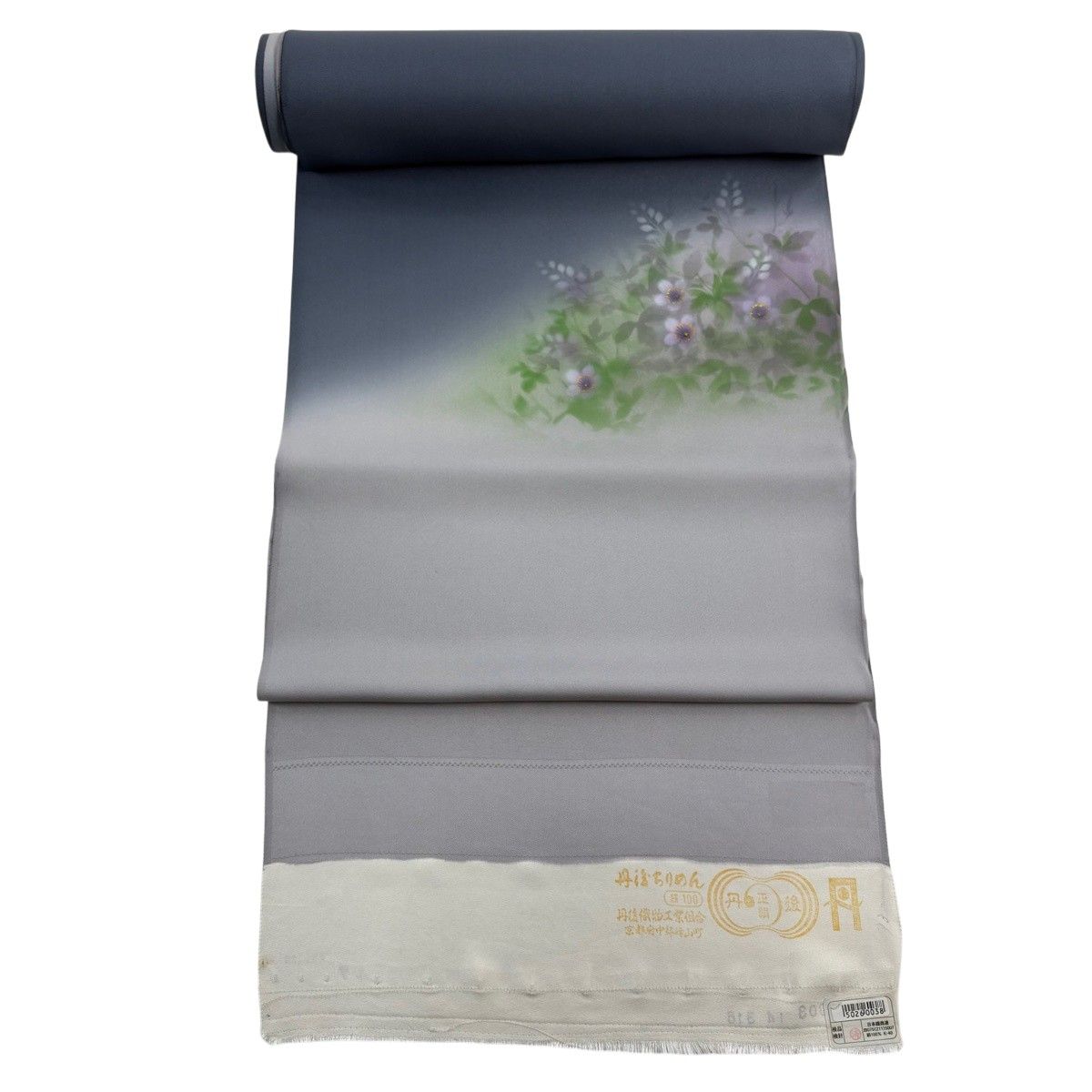 反物 付下げ 子犬 草花 ぼかし 灰色 正絹