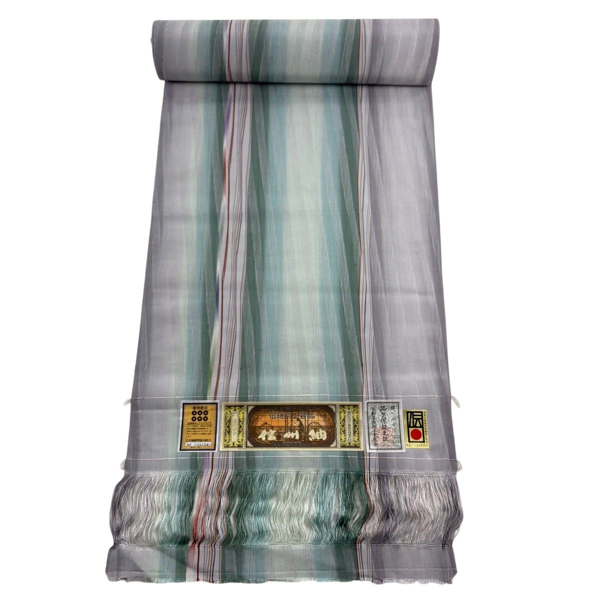 反物 紬 信州紬 証紙 縞 幾何学模様 灰色 正絹