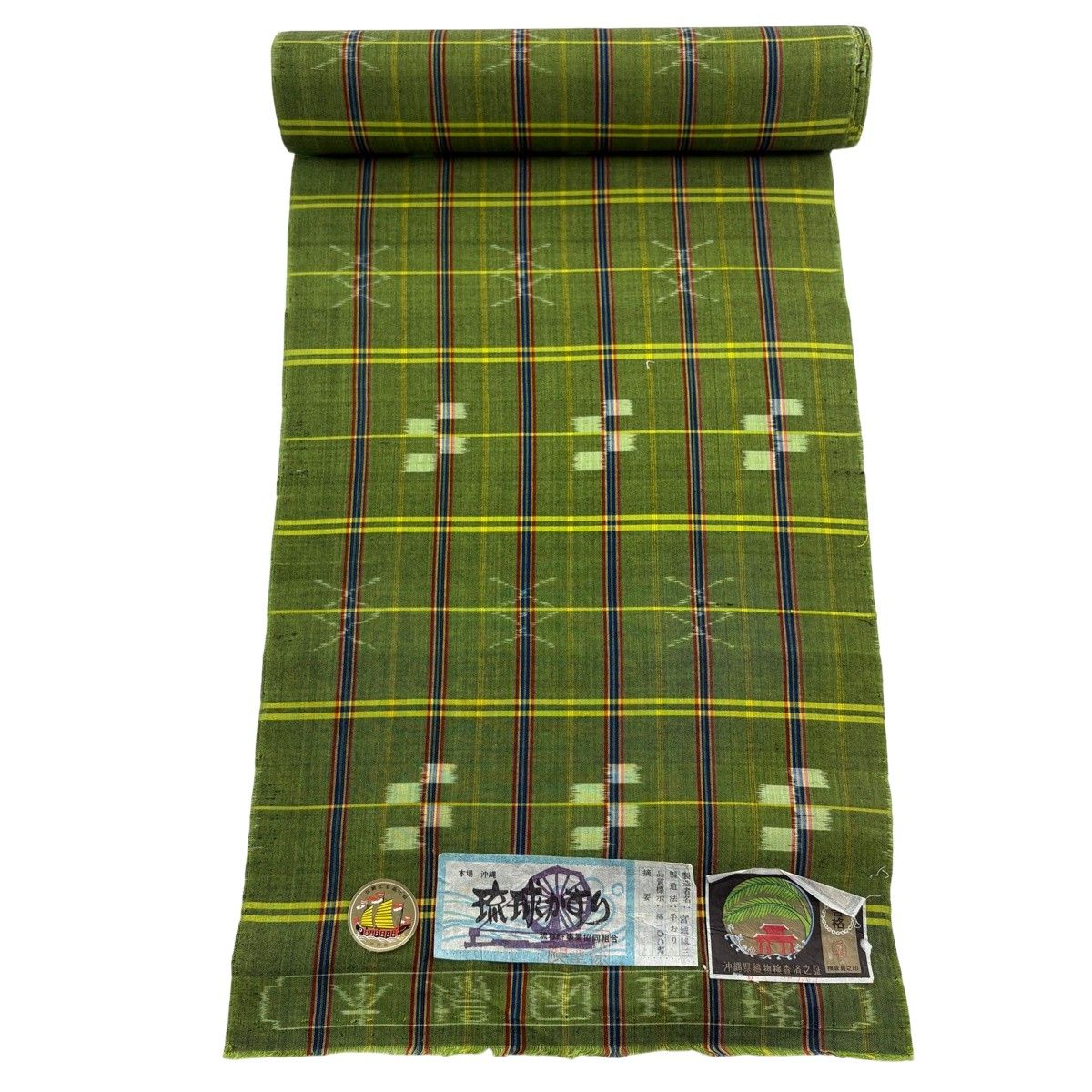 反物 紬 琉球かすり 証紙 幾何学模様 格子 よもぎ色 綿