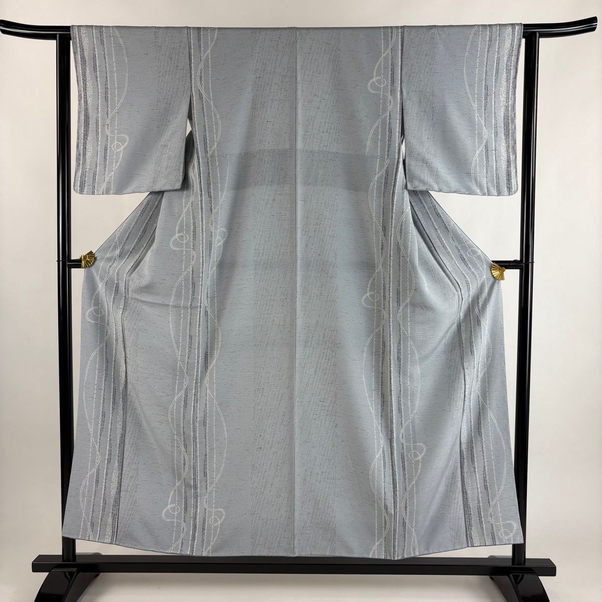 小紋 身丈154.5 cm 裄丈62.5 S 袷 縞 幾何学模様 青灰色 正絹 秀品