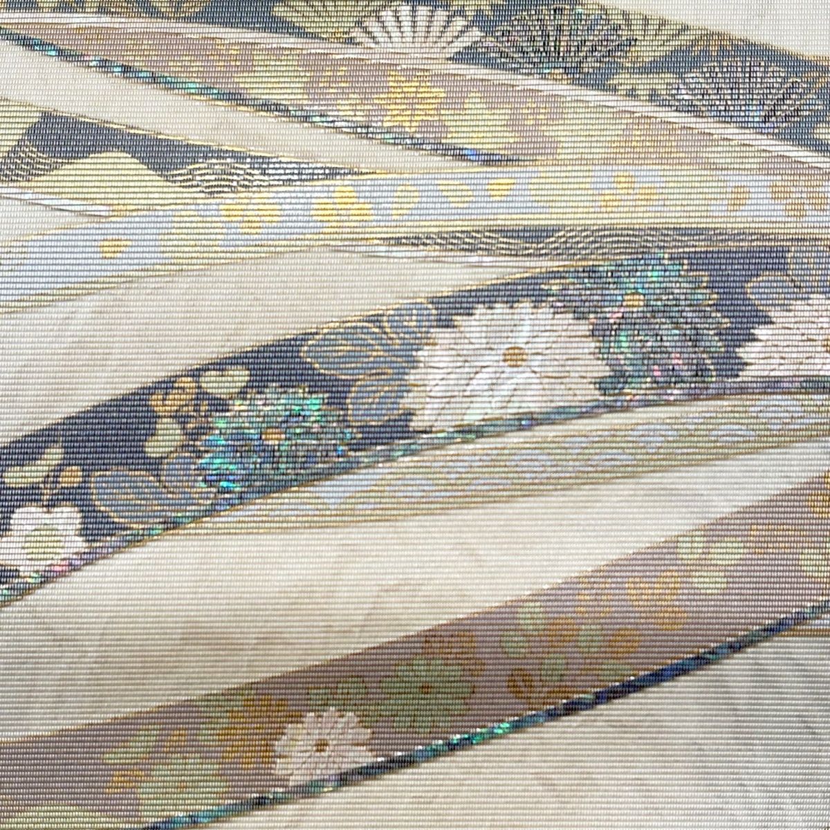 袋帯 秀品 やまと 秋草 波 螺鈿 箔 ベージュ お太鼓柄 正絹