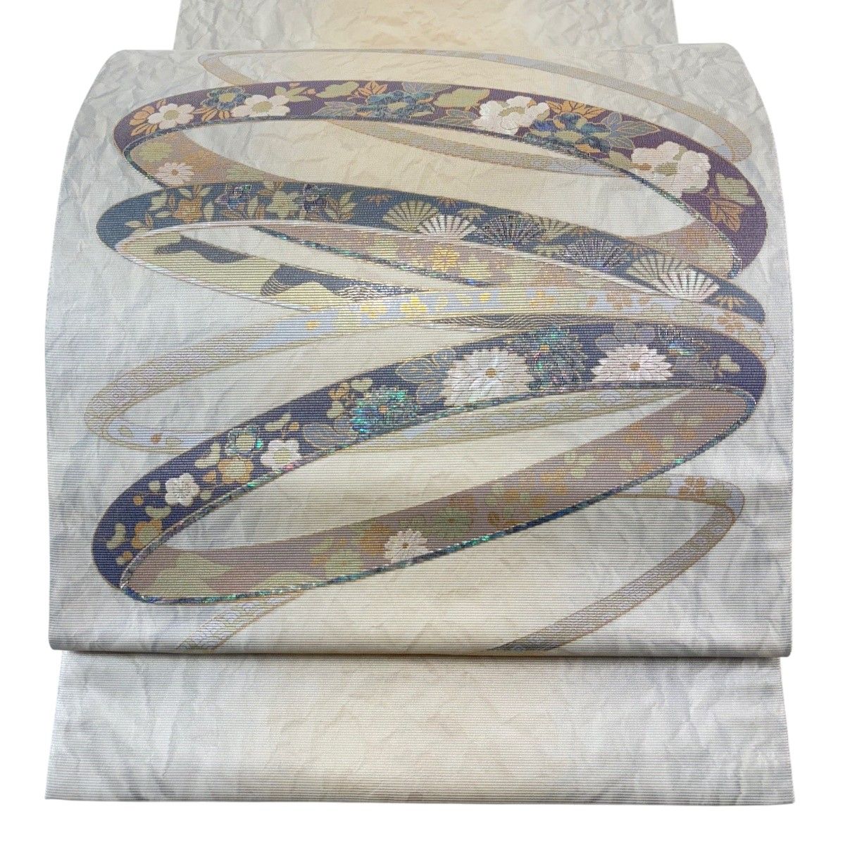 袋帯 秀品 やまと 秋草 波 螺鈿 箔 ベージュ お太鼓柄 正絹