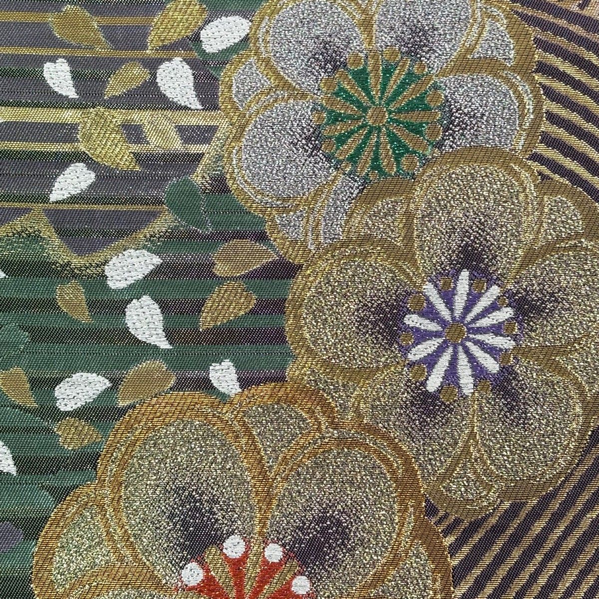 袋帯 秀品 桜 花びら 金糸 箔 緑 六通 正絹