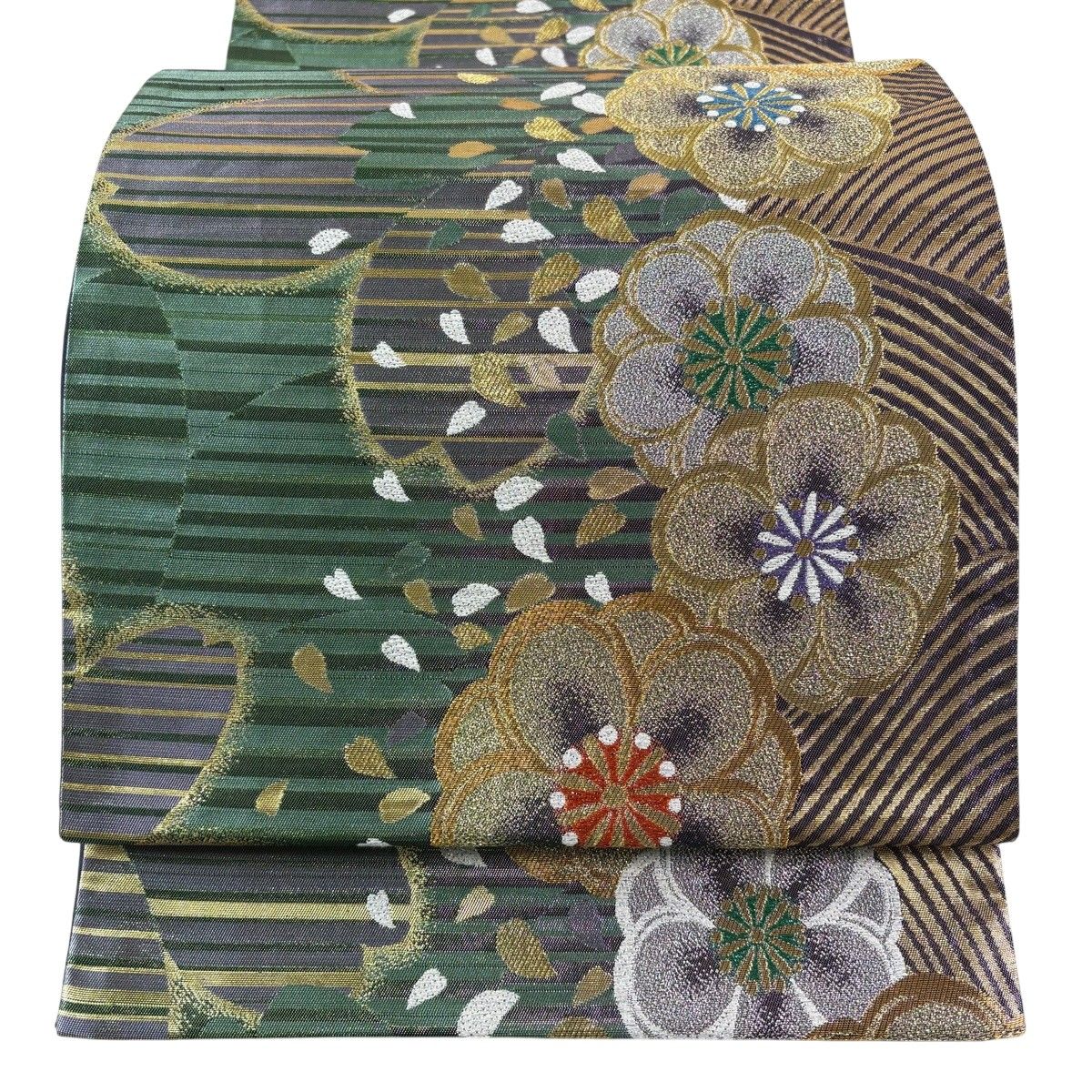 袋帯 秀品 桜 花びら 金糸 箔 緑 六通 正絹