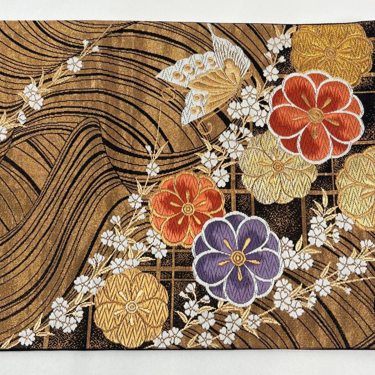 袋帯 美品 秀品 花 蝶 箔 金糸 黒灰 六通 正絹 【中古】 | VACHAMBER.COM
