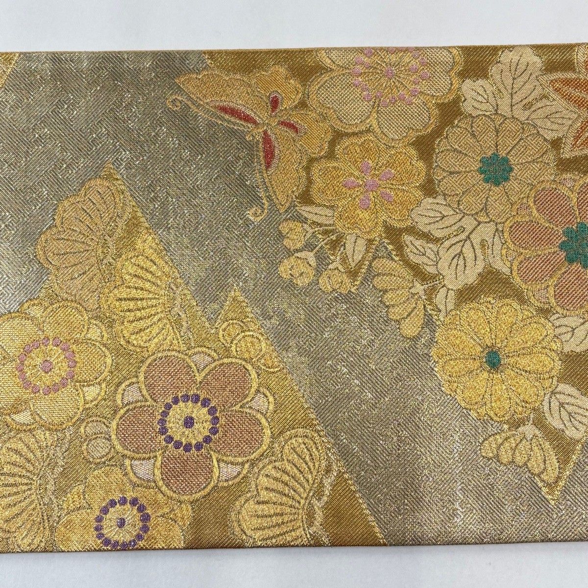  袋帯 秀品 松皮菱 草花 金糸 箔 金色 六通 正絹 袋帯 帯