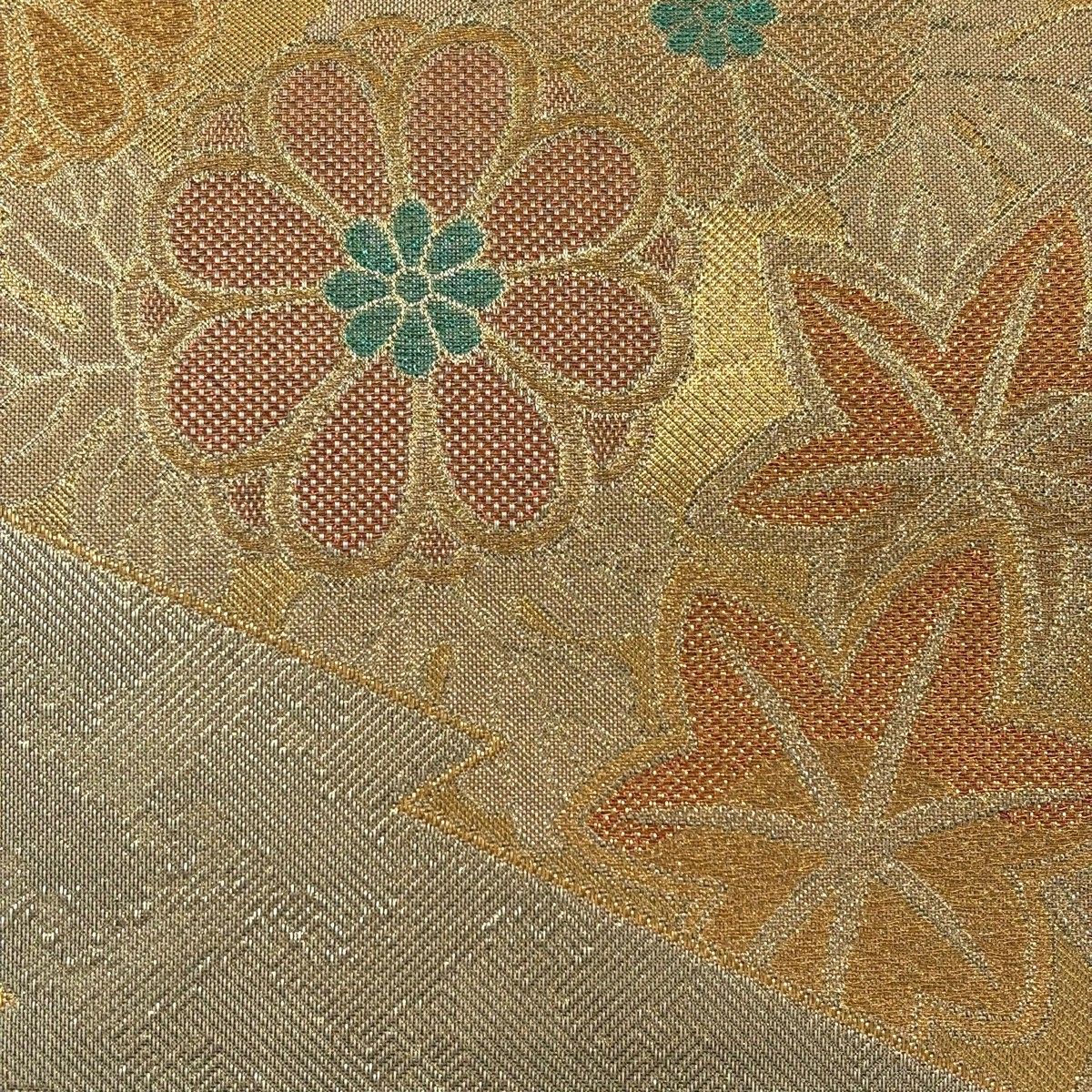 袋帯 秀品 松皮菱 草花 金糸 箔 金色 六通 正絹