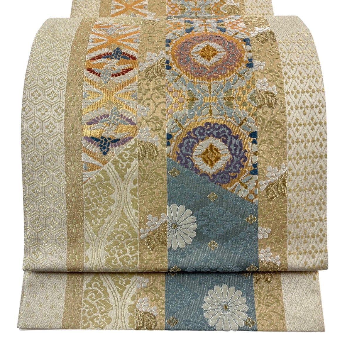 袋帯 秀品 華文 鶴菱 金糸 ベージュ 六通 正絹