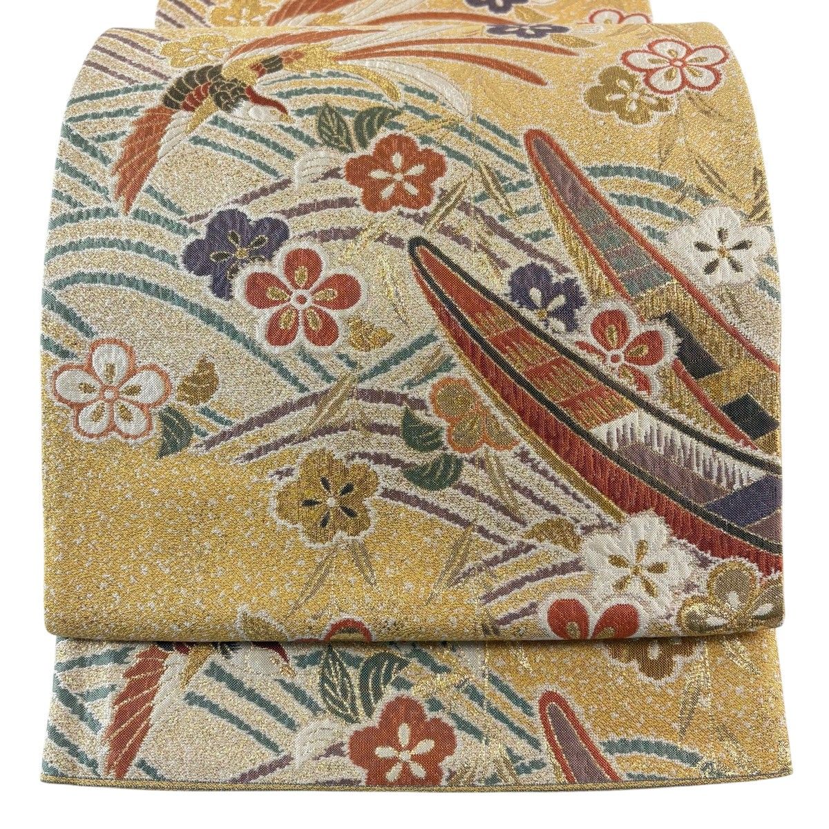袋帯 秀品 尾長鳥 梅 金糸 箔 山吹色 六通 正絹
