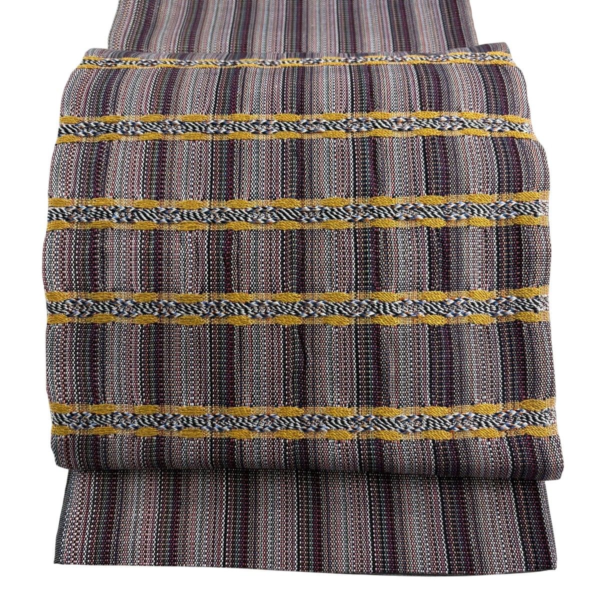 袋帯 秀品 縞 横段 金通し 灰紫 六通 正絹