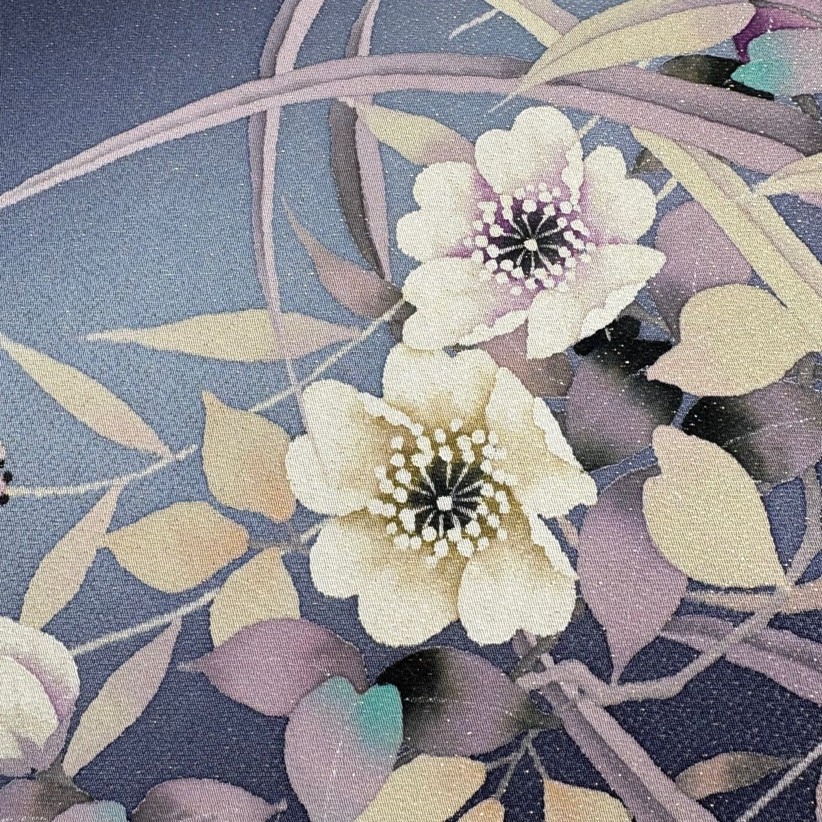 袋帯 秀品 落款 草花 金通し ぼかし 藍色 お太鼓柄 正絹