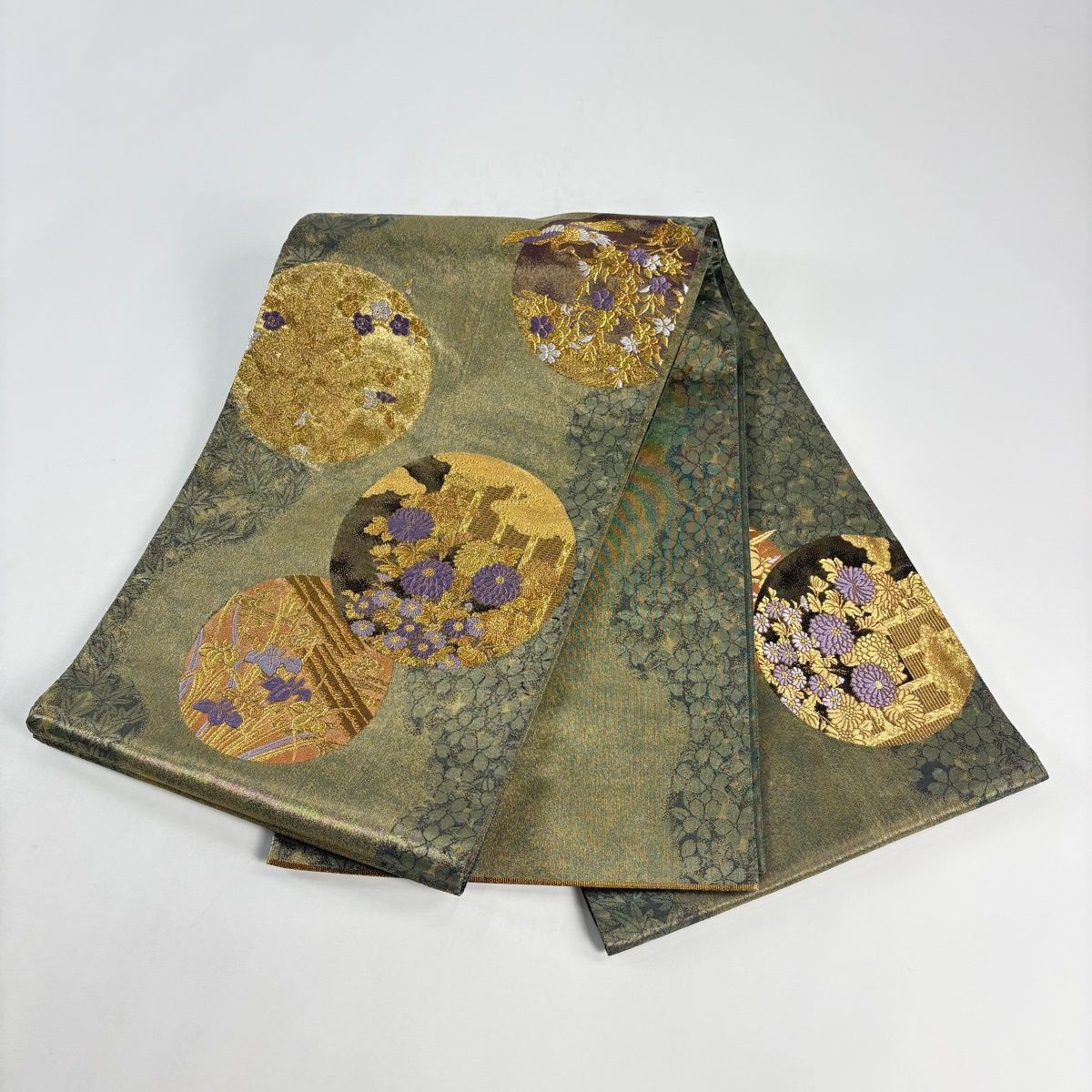  袋帯 秀品 丸文 草花 金糸 箔 鶯色 お太鼓柄 正絹 袋帯 帯