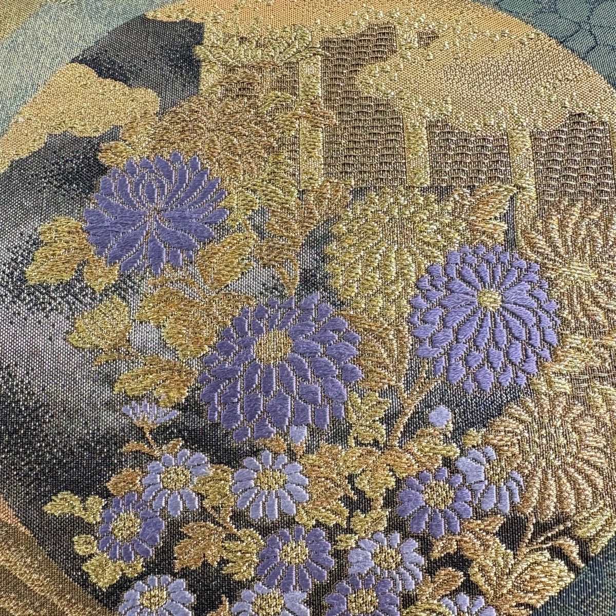 袋帯 秀品 丸文 草花 金糸 箔 鶯色 お太鼓柄 正絹