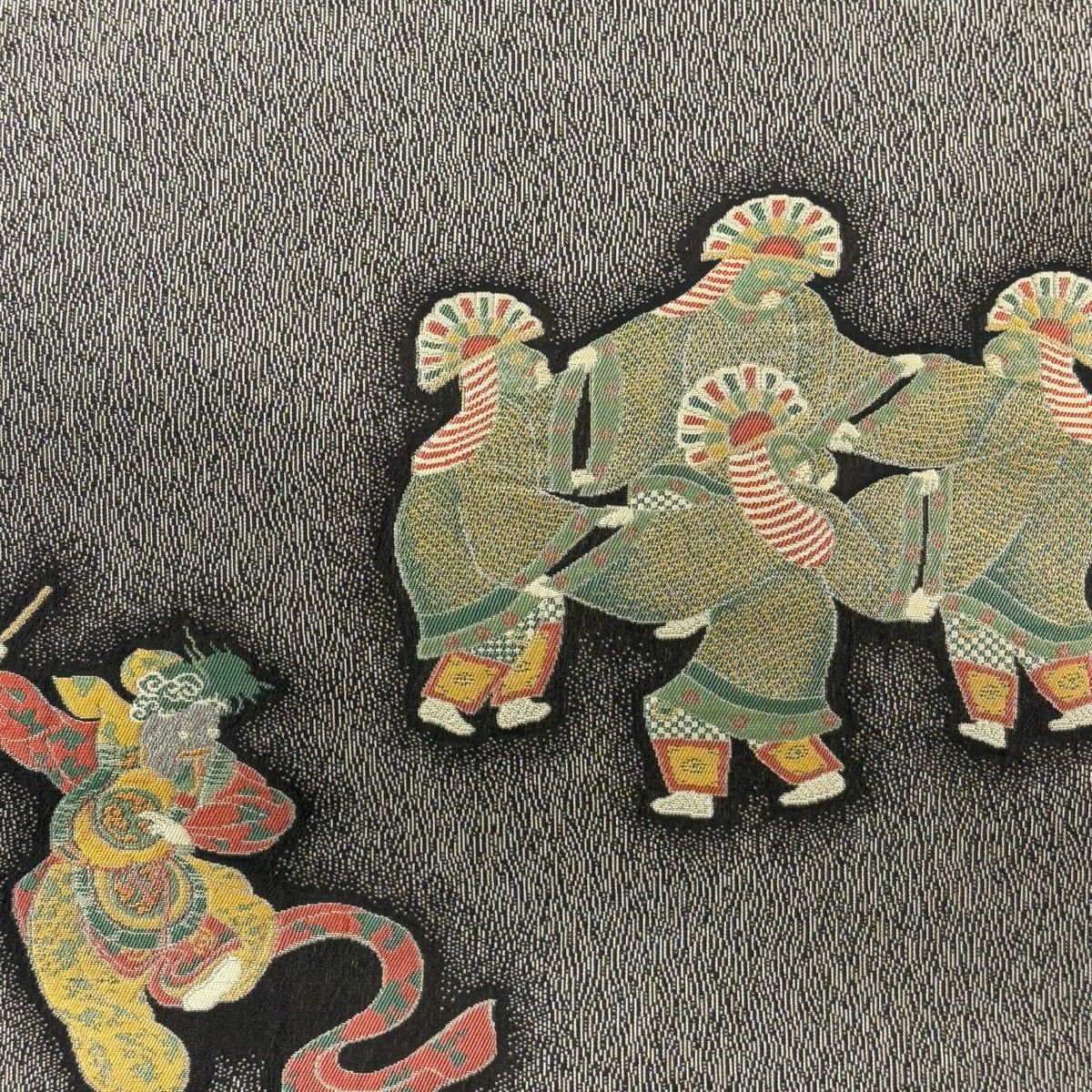 袋帯 秀品 舞踊 和楽器 銀糸 灰茶 お太鼓柄 正絹