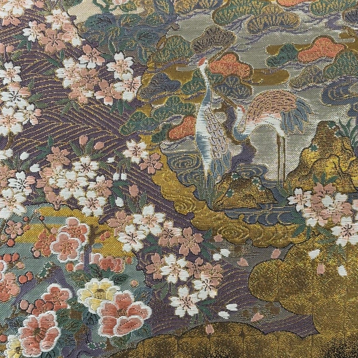 袋帯 秀品 鶴 松梅 金糸 箔 金色 六通 正絹