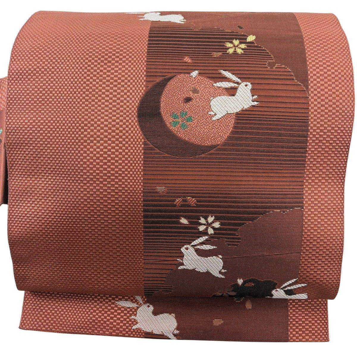 名古屋帯 秀品 うさぎ 桜 箔 刺繍 小豆色 正絹