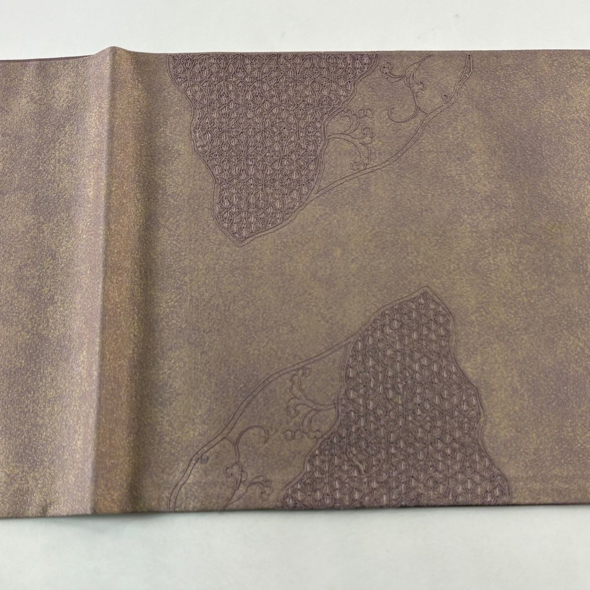  袋帯 秀品 草花 七宝繋ぎ 刺繍 金糸 紫 お太鼓柄 正絹 袋帯 帯