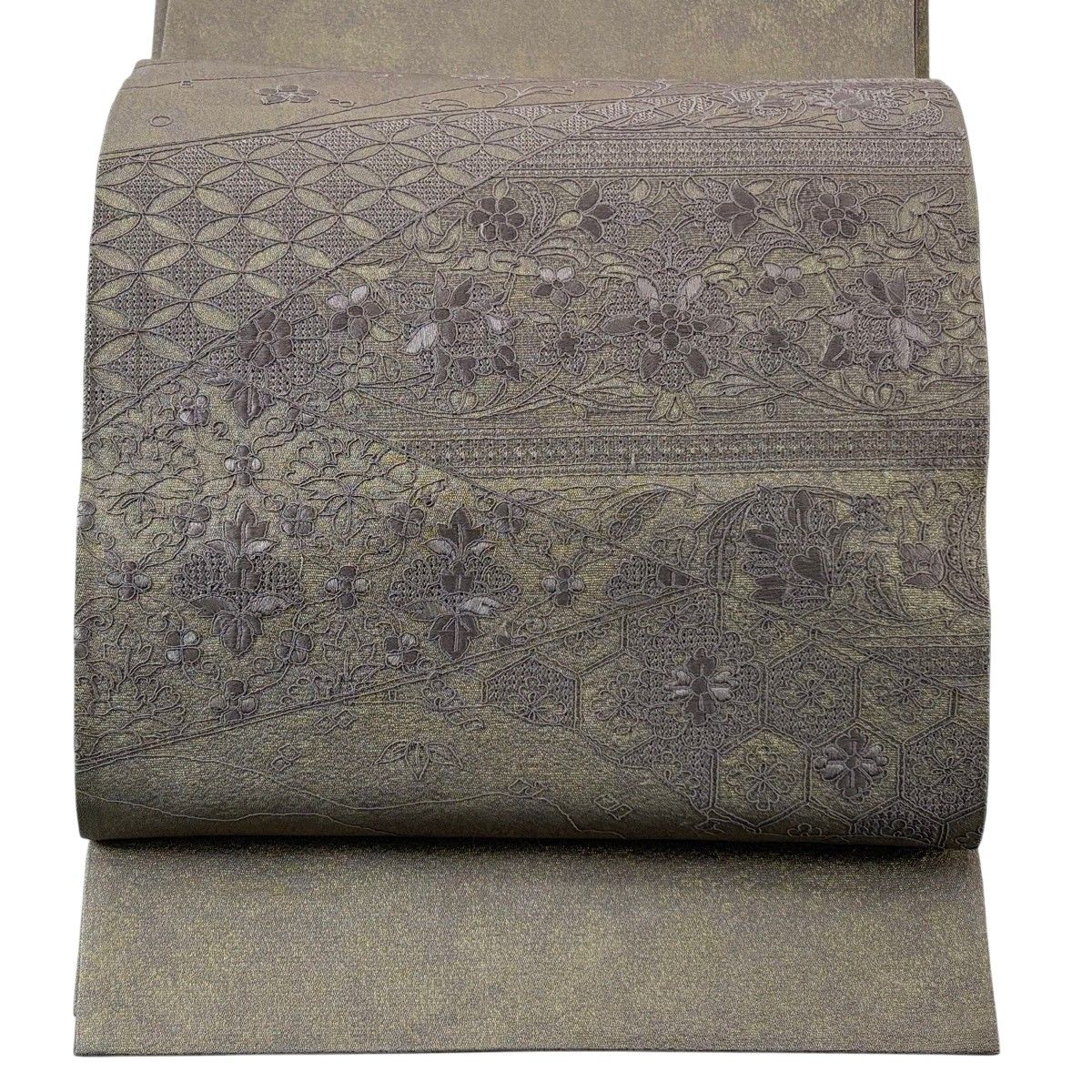 袋帯 秀品 草花 七宝繋ぎ 刺繍 金糸 紫 お太鼓柄 正絹