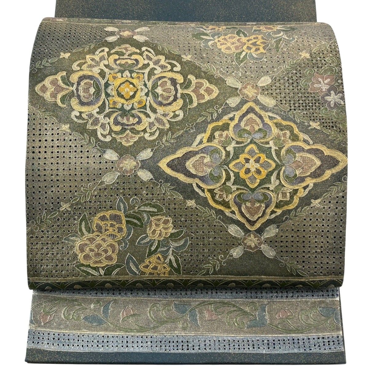 袋帯 秀品 花菱 花丸文 刺繍 金銀彩 灰緑 お太鼓柄 正絹