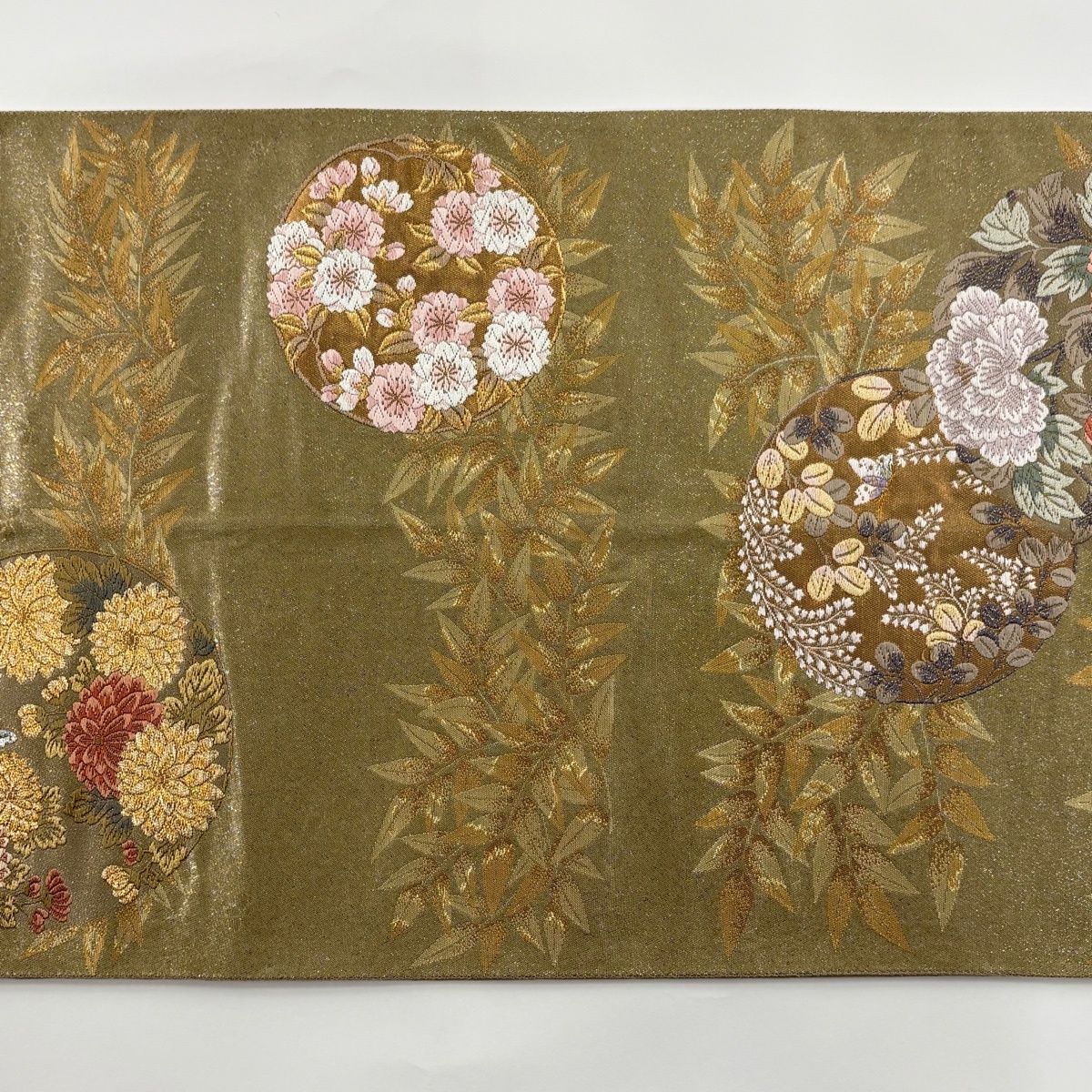  袋帯 秀品 花丸文 葉柄 金銀糸 箔 灰緑 六通 正絹 袋帯 帯