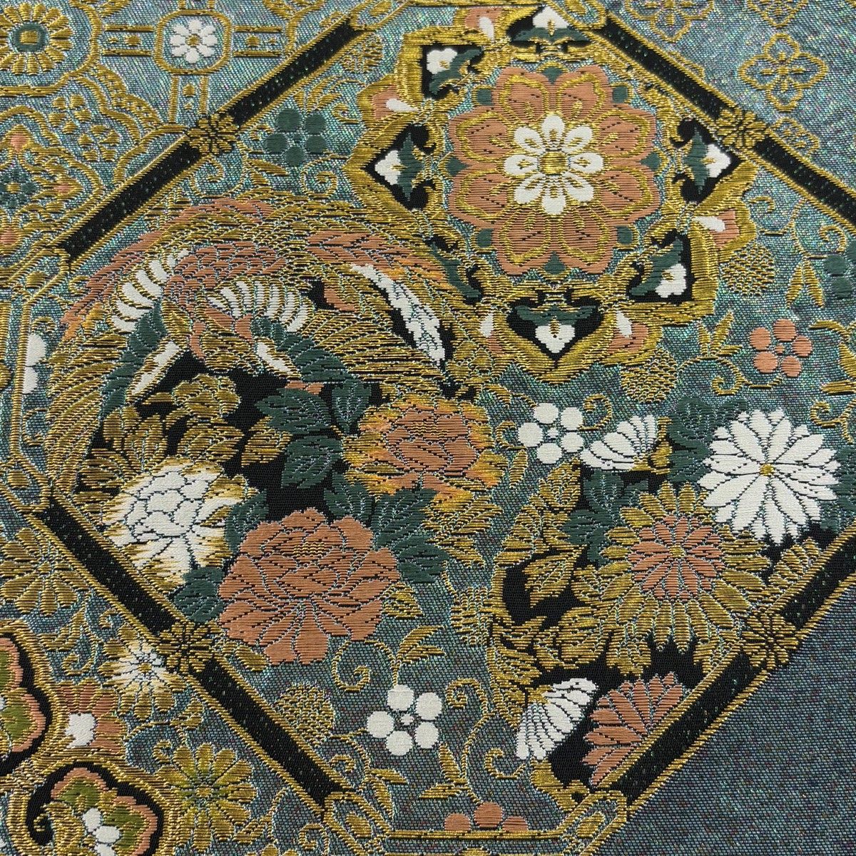 袋帯 秀品 蜀江華文 鳳凰 金糸 箔 水色 六通 正絹