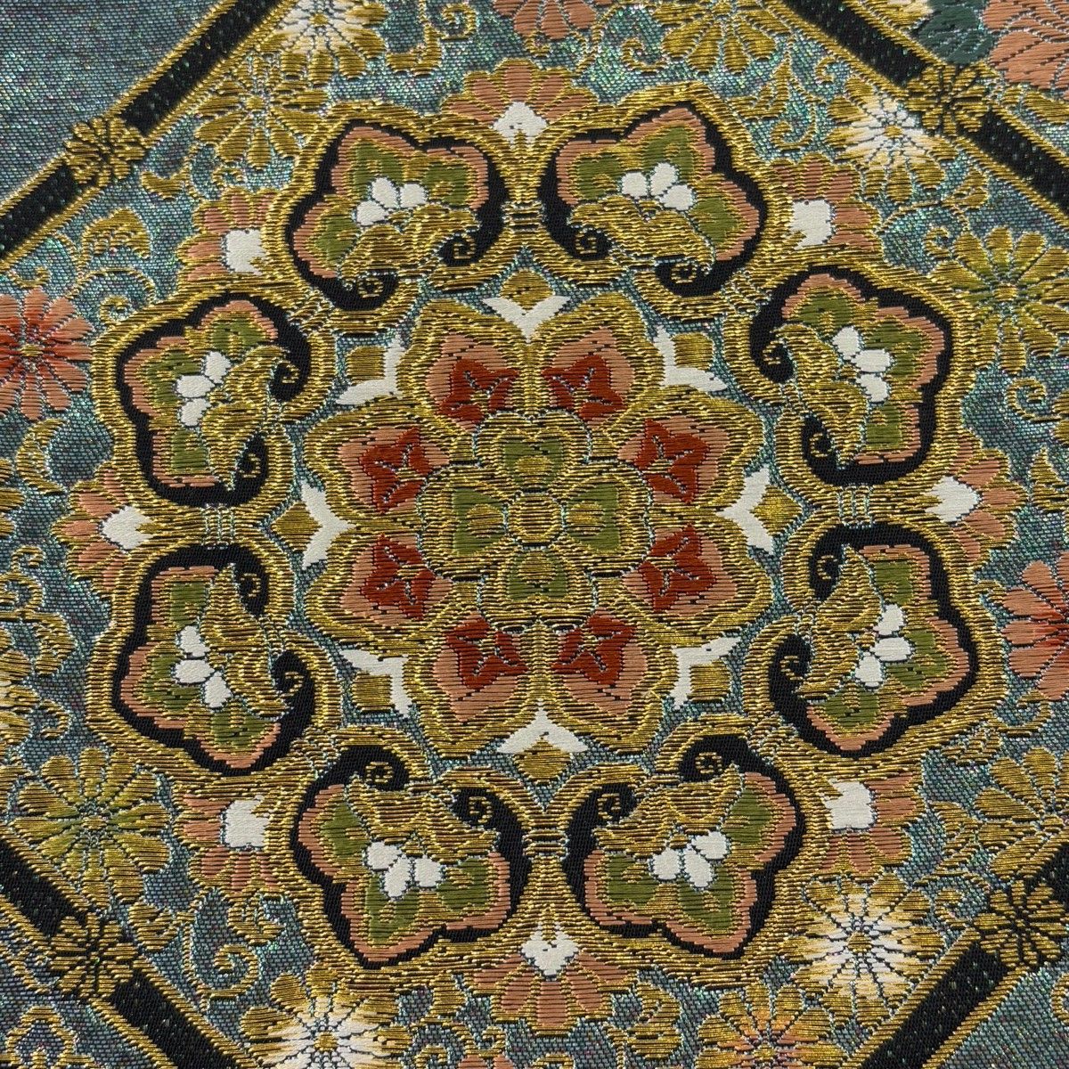  袋帯 秀品 蜀江華文 鳳凰 金糸 箔 水色 六通 正絹 袋帯 帯