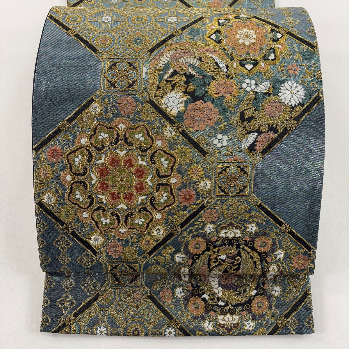 袋帯 秀品 蜀江華文 鳳凰 金糸 箔 水色 六通 正絹