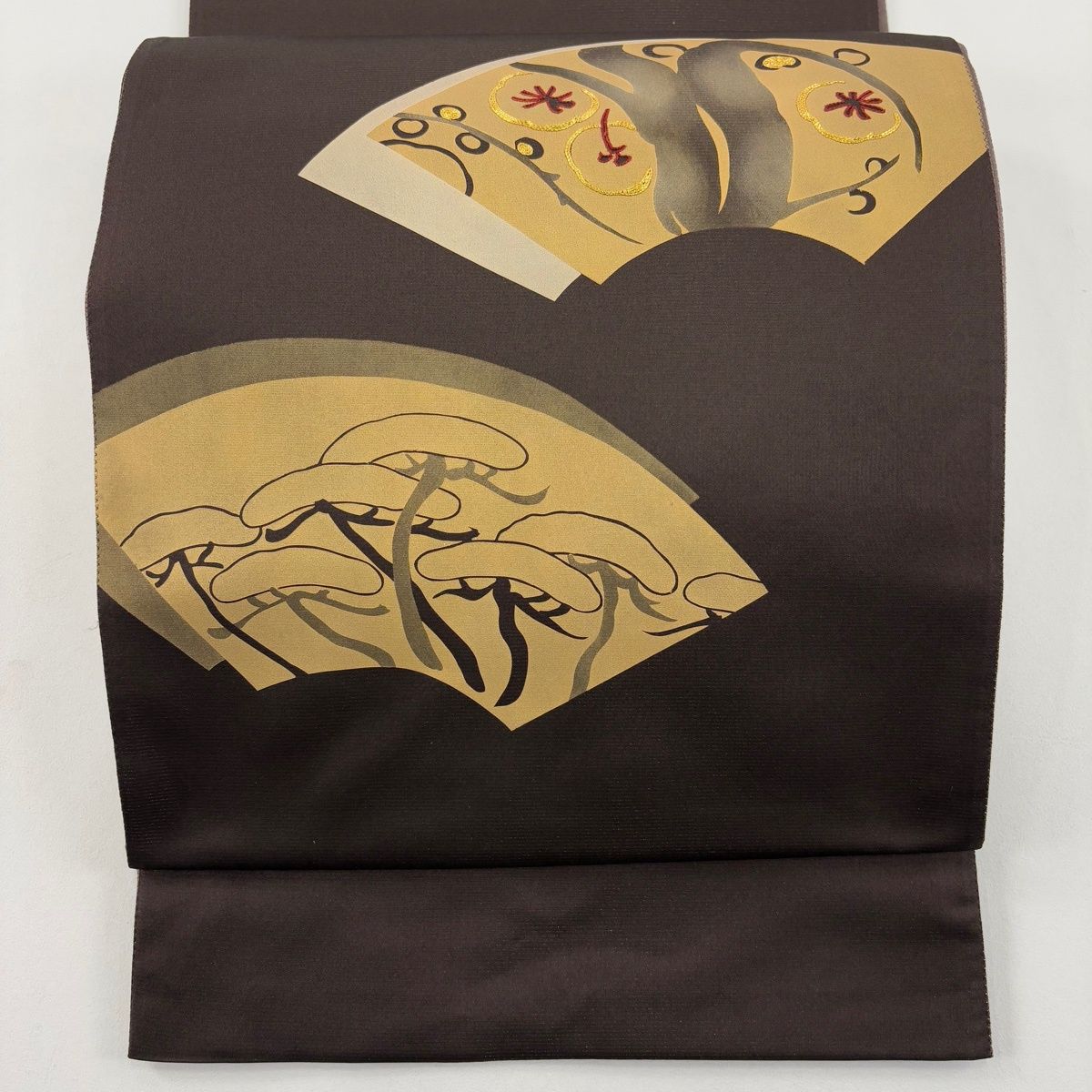 袋帯 秀品 扇 松梅 金糸 金通し 焦茶色 お太鼓柄 正絹
