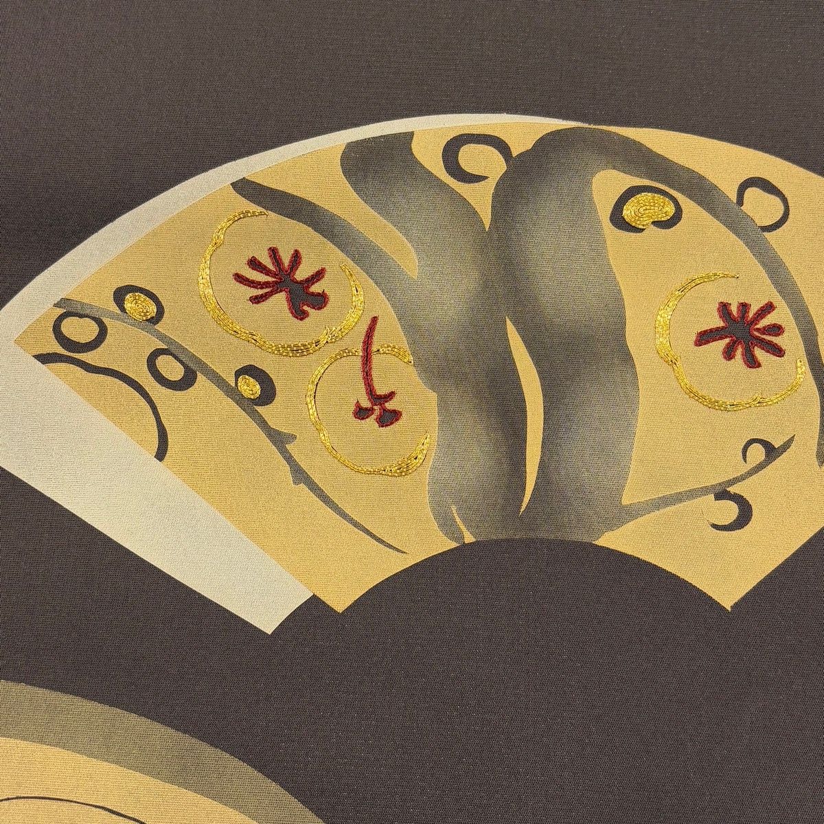袋帯 秀品 扇 松梅 金糸 金通し 焦茶色 お太鼓柄 正絹