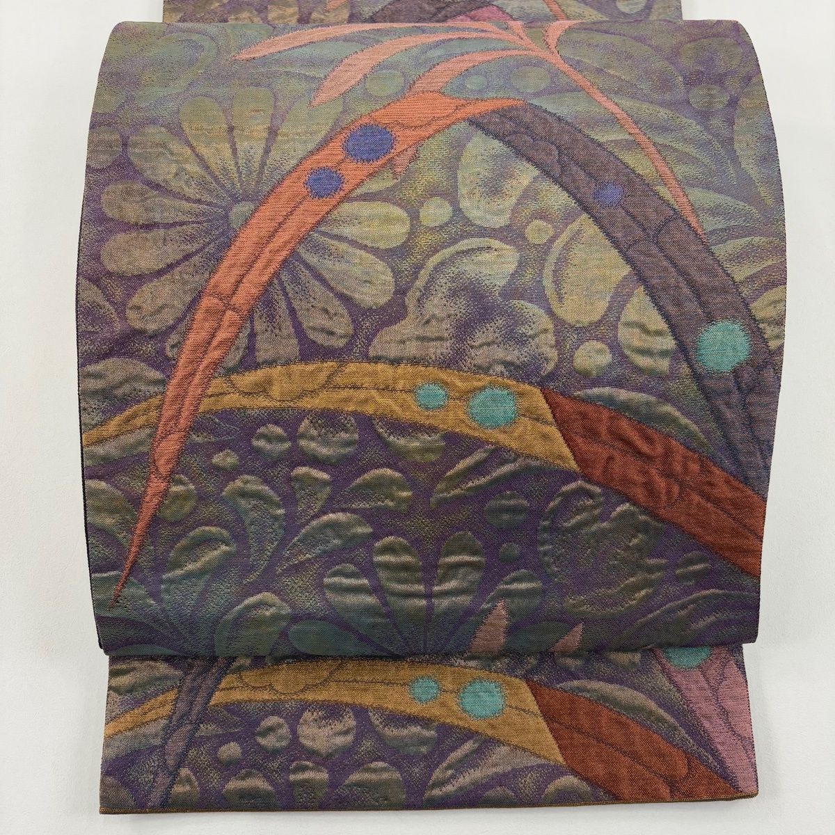 袋帯 秀品 関西仕立て 葉柄 草花 金通し 紫 六通 正絹