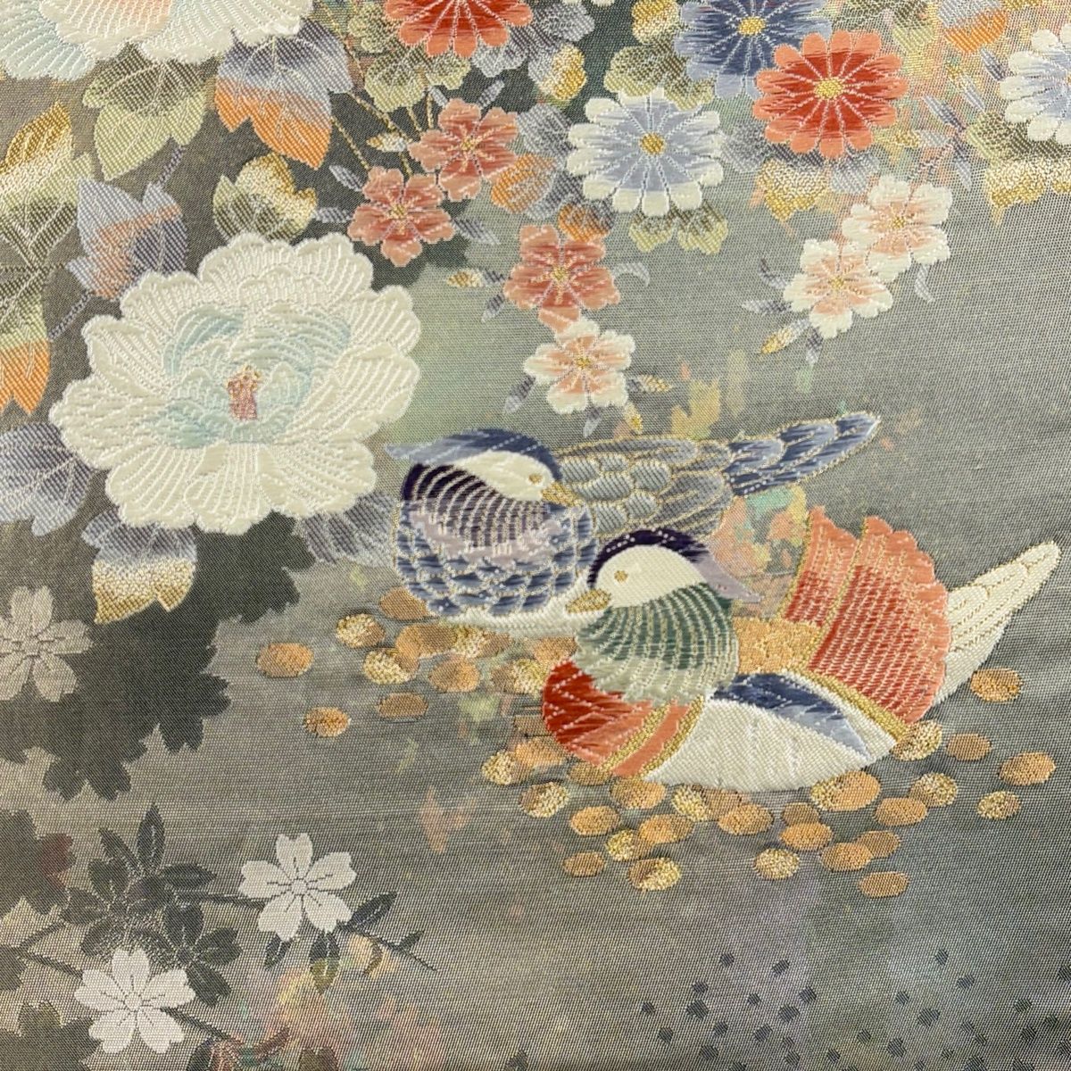 袋帯 秀品 鴛鴦百撰 金糸 箔 灰色 六通 正絹