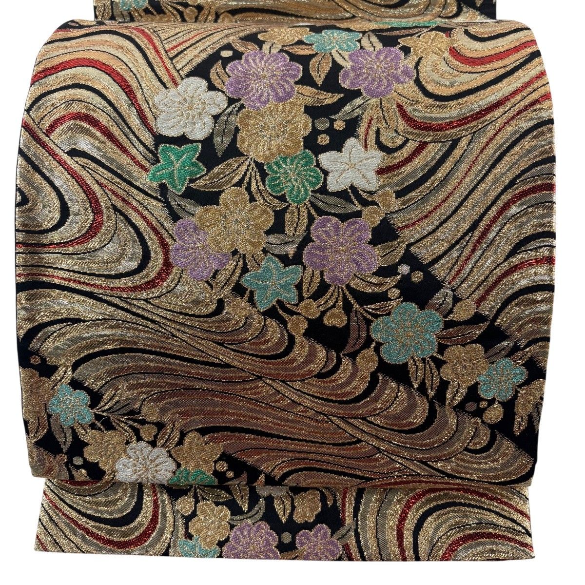 袋帯 秀品 振袖向き 桜 流水 金糸 箔 黒 六通 正絹