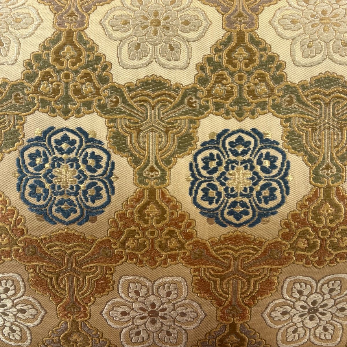 袋帯 秀品 華文 幾何学模様 箔 黄土色 六通 正絹